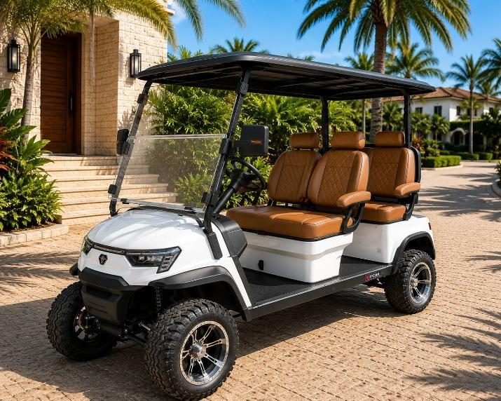 Golf cart BOLT Zycar 4 frente a una villa en Punta Cana